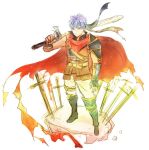 1boy armor blue_eyes blue_hair commentary_request fire_emblem fire_emblem:_radiant_dawn full_body headband holding holding_sword holding_weapon ike_(fire_emblem) male_focus over_shoulder pauldrons planted planted_sword short_hair shoulder_armor single_pauldron solo sword sword_over_shoulder takunori_no_soren weapon weapon_over_shoulder 