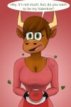 2026 2:3 2_horns absurd_res adobe_photoshop_(artwork) anthro apron artist_logo asking asking_viewer bangs big_breasts black_hands bovid bovine bra breasts brown_body brown_fur brown_hair candy cattle chocolate cleavage clothed clothed_anthro clothed_female clothing colored cookie cookie_haus dessert dialogue digital_drawing_(artwork) digital_media_(artwork) dress ear_piercing english_description english_text eyelashes female female_anthro fingers food fur green_eyes hair heart_ear_piercing hearts_around_body hi_res holding_plate holidays hoof_hands horn jackbox_games lidded_eyes light lighting logo looking_at_viewer mammal moonique_(cookie_haus) multicolored_body multicolored_fur open_mouth open_smile piercing pink_tongue purple_bra purple_clothing purple_underwear red_apron red_background red_clothing red_dress shaded short_hair simple_background skywater smile smiling_at_viewer solo speech_bubble standing talking_to_viewer tan_horn text the_jackbox_party_pack tongue two_tone_body two_tone_fur underwear valentine's_day