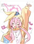  1girl :d ^_^ animal_costume blue_archive blush closed_eyes commentary_request cosplay dice fang halo hand_up hood hood_up hooded_pajamas kigurumi koyuki_(blue_archive) koyuki_(pajamas)_(blue_archive) official_alternate_costume onesie open_pajamas pajamas pink_hair pink_halo rabbit_costume rabbit_pajamas request_inset skin_fang smile solo translation_request yellow_pajamas youbi_(0ver_sd) 
