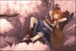  02charaice20 1girl arms_behind_head ascot belt blue_skirt boots brown_boots brown_eyes brown_hair cherry_blossoms commentary english_commentary fang full_body highres horns ibuki_suika knee_up long_hair lying on_back on_tree open_mouth red_ascot skirt solo touhou 