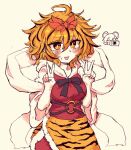  2girls animal_print black_hair blonde_hair blush bow bowtie breasts camera double_v dress fang hagoromo hair_between_eyes highres looking_at_viewer medium_breasts medium_hair monochrome multicolored_hair multiple_girls nazrin open_mouth rampa93 red_dress scarf shawl simple_background skin_fang smile solo_focus streaked_hair sweatdrop taking_picture tiger_print toramaru_shou touhou v white_scarf wide_sleeves yellow_background yellow_eyes 