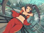  1girl ahoge black_hair black_sports_bra blush breasts building car city dark-skinned_female dark_skin falling green_eyes hair_ribbon high_ponytail holding homura_(senran_kagura) intersection jacket large_breasts long_hair looking_at_viewer motor_vehicle multiple_swords navel official_art open_clothes open_jacket outdoors pants ponytail red_jacket red_pants red_track_suit ribbon road saya_(scabbard) senran_kagura senran_kagura_new_link senran_kagura_shoujo-tachi_no_shin'ei shiny_skin skyscraper smile solo sparkle sports_bra stomach street tan track_suit tree tsuba_(guard) tsuka_(handle) unsheathed van very_long_hair water_drop white_ribbon 