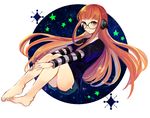  bad_id bad_twitter_id barefoot brown_eyes feet glasses headphones long_hair orange_hair persona persona_5 sakura_futaba shorts sk816 solo 