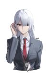  1girl ak-15_(erwin)_(girls'_frontline) ak-15_(girls'_frontline) artist_name black_jacket closed_mouth collared_shirt commentary cropped_torso girls'_frontline hair_over_one_eye hand_up highres jacket long_hair looking_at_viewer official_alternate_costume orini purple_eyes red_pupils shirt simple_background solo twitter_username white_background white_hair white_shirt 
