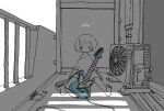  1girl absurdres barefoot condenser_unit electric_guitar greyscale guitar highres instrument kaduise legs_apart looking_at_viewer monochrome original oversized_clothes oversized_shirt railing shirt short_hair signature sitting spot_color 