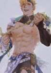  1boy abs arm_belt asymmetrical_sleeves bags_under_eyes belt black_choker black_gloves black_pants blonde_hair blue_flower blue_gem blue_headband brown_belt choker clothing_cutout elbow_gloves ermine fingerless_gloves flower gem gloves grey_background hair_vines headband holding jewelry large_pectorals looking_at_viewer male_focus muscular muscular_male navel nipples nu_carnival official_alternate_costume open_clothes open_mouth orange_eyes pants pectoral_cleavage pectorals plant quincy_(buckeye_miracle)_(nu_carnival) quincy_(nu_carnival) s5-hvs1 short_hair simple_background smile solo teeth thigh_strap torn_clothes torn_gloves torn_pants turtleneck v-taper vines weasel white_belt yellow_gem 
