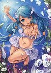  air_bubble ankle_lace-up aoi_wakashi_futaba barefoot bikini blue_eyes blue_hair bracelet breath bubble coral cross-laced_footwear diving freediving frilled_bikini frills highres holding_breath jewelry long_hair ocean original solo swimming swimsuit underwater 