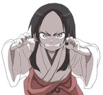  1girl angry black_hair claw_pose clenched_teeth female japanese_clothes long_hair miko pale_skin simple_background solo white_background yamamoto_souichirou 