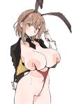  1girl alternate_costume animal_ears atelier_(series) atelier_ryza atelier_ryza_1 black_jacket breasts brown_eyes brown_hair commentary_request earrings fake_animal_ears hair_ornament hairclip henriiku_(ahemaru) highres huge_breasts jacket jewelry looking_at_viewer navel nipples open_clothes open_jacket playboy_bunny rabbit_ears reisalin_stout short_hair simple_background solo white_background 