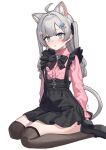  1girl ahoge animal_ear_fluff animal_ears aningay black_shoes black_skirt blue_eyes brown_thighhighs cat_ears cat_girl cat_tail center_frills collared_shirt commentary_request copyright_request dress_shirt fish_skeleton_hair_ornament frills grey_hair hair_intakes highres korean_commentary long_hair long_sleeves looking_at_viewer parted_lips pink_shirt puffy_long_sleeves puffy_sleeves shirt shoe_soles shoes simple_background sitting skirt solo suspender_skirt suspenders tail thighhighs two_side_up virtual_youtuber wariza white_background 
