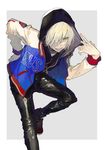  blonde_hair hair_over_one_eye hand_on_hip highres hood hoodie jacket leaning_forward male_focus nozaki_tsubata pale_skin pants shoes solo tongue tongue_out unzipped yuri!!!_on_ice yuri_plisetsky zipper 