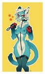  anthro braided_hair breasts clothing collar female fur hair leash legwear navel nipples nox_(artist) nude pawpads paws piercing red_eyes signature simple_background solo stockings unknown_species white_hair 