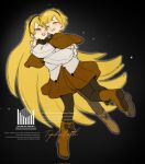  1boy 1girl :d black_background black_bow black_bowtie black_hairband black_pantyhose blonde_hair boots bow bowtie braid brown_boots brown_capelet brown_skirt capelet cheek-to-cheek chinese_commentary closed_eyes commentary_request crown_braid english_text footwear_bow full_body glomp green_eyes grin hairband heads_together highres hug ifudyci lobotomy_corporation long_hair long_sleeves matching_outfits miniskirt one_eye_closed open_mouth outline pantyhose parted_bangs project_moon puffy_long_sleeves puffy_sleeves shirt short_hair skirt smile tiphereth_a_(project_moon) tiphereth_b_(project_moon) very_long_hair white_outline white_shirt 