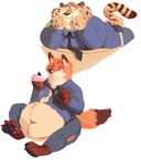  2016 anthro benjamin_clawhauser black_nose canine cheetah clothed clothing digital_drawing_(artwork) digital_media_(artwork) disney doughnut duo eating feline food fox fullheroo fur hindpaw male mammal necktie nick_wilde orange_fur overweight pawpads paws police_officer police_uniform simple_background spots uniform weight_gain white_background zootopia 