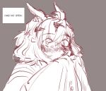  1girl ahoge animal_ears blush borrowed_clothes commentary english_commentary english_text grey_background hair_between_eyes hair_ornament hairclip hako_owo highres horse_ears horse_girl jungle_pocket_(umamusume) long_sleeves looking_at_viewer simple_background sleeves_past_fingers sleeves_past_wrists smelling smelling_clothes solo umamusume 