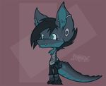  anthro bat black_clothing black_hair blue_eyes blue_fur blue_pawpads clothing crocodile crocodilian ear_piercing female feranta front_view fur grey_fur hair hybrid inner_ear_fluff mammal multicolored_scales no_pupils pants pawpads piercing red_background reptile scales scalie shirt simple_background solo toony two_tone_scales 