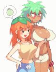  2girls :3 blue_shorts bracelet breasts cleavage commentary cowboy_shot crop_top dark-skinned_female dark_skin earrings grabbing_another's_breast green_hair groping half-closed_eyes hand_on_own_hip height_difference inkerton-kun jewelry large_breasts leaf leaf_on_head low_neckline midriff monster_girl multiple_girls navel open_mouth orange_hair original percci_(inkerton-kun) plant_girl plant_hair plant_on_head pursed_lips raised_eyebrow red_eyes shirt short_hair short_shorts shorts sleeveless sleeveless_shirt smile spiked_hair spoken_food sweatdrop tank_top twintails untranslatable_commentary v-shaped_eyebrows white_shirt yellow_tank_top 