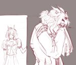  2girls agnes_tachyon_(umamusume) animal_ears blush borrowed_clothes bow bowtie caught coat commentary doorway english_commentary english_text grey_hair hair_ornament hairclip hako_owo highres horse_ears horse_girl jungle_pocket_(umamusume) lab_coat multiple_girls parted_lips pleated_skirt puffy_short_sleeves puffy_sleeves school_uniform short_sleeves skirt sleeves_past_fingers sleeves_past_wrists smelling smelling_clothes smile tracen_school_uniform umamusume walk-in white_coat yuri 