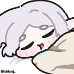  1girl blanket chibi chibi_only closed_eyes commentary drooling elf english_commentary facing_viewer frieren grey_hair highres lulalang open_mouth parted_bangs pointy_ears simple_background sleeping solo sousou_no_frieren twitter_username white_background 