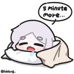  1girl blanket chibi chibi_only closed_eyes drooling elf english_text facing_viewer frieren grey_hair head_on_pillow highres lulalang open_mouth parted_bangs pillow pointy_ears simple_background sleepy solo sousou_no_frieren speech_bubble talking twitter_username under_covers white_background 