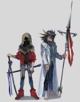  2boys bandaged_foot bandaged_wrist bandages barefoot black_hair black_pants black_shirt blue_eyes blue_ribbon blue_shirt brown_hood claws coat denim dress_shirt facing_to_the_side facing_viewer fudo_yusei glowing glowing_eyes hair_slicked_back heterochromia highres holding holding_sword holding_weapon hood hood_up jeans lab_coat lanyard looking_ahead looking_at_another looking_to_the_side male_focus momentcorefly monsterification multiple_boys open_clothes open_coat pants planted planted_sword polearm red_coat red_ribbon red_shoes ribbon scabbard shaded_face sheath shirt shoes side-by-side sleeves_rolled_up sneakers spiked_hair sword third-party_source untucked_shirt weapon white_background white_coat yu-gi-oh! yu-gi-oh!_5d's yu-gi-oh!_gx yuki_judai 