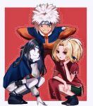  1girl 2boys aged_down black_hair blonde_hair commentary_request cosplay flak_jacket haruno_sakura haruno_sakura_(cosplay) highres jacket jiraiya_(naruto) multiple_boys naruto_(classic) naruto_(series) naruto_shippuuden orochimaru_(naruto) siokosyousio team_7_(naruto) tsunade_(naruto) uchiha_sasuke uchiha_sasuke_(cosplay) uzumaki_naruto uzumaki_naruto_(cosplay) white_hair 