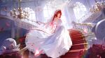  1girl absurdres akane_lize bare_back black_eyes blunt_bangs breasts bridal_veil bug butterfly chandelier choker clrawing dress elbow_gloves full_body gloves highres lens_flare long_hair looking_at_viewer medium_breasts petals red_hair sideboob solo stairs standing stellive veil very_long_hair wedding_dress window 