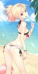  2016 ass back bangs beach bikini black_ribbon blonde_hair blue_sky blush bracelet braid breasts cloud commentary_request dan_(kumadan) dated day flat_ass food from_behind hair_flaps hair_ornament hair_ribbon hairclip highres jewelry kantai_collection licking long_hair looking_at_viewer looking_back md5_mismatch medium_breasts ocean open_mouth outdoors poi ponytail popsicle red_eyes remodel_(kantai_collection) revision ribbon sand side-tie_bikini single_braid sky smile solo strap_gap swimsuit thong thong_bikini tongue tongue_out water white_bikini yuudachi_(kantai_collection) 