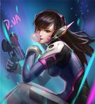  bangs black_hair blue_background bodysuit breasts brown_eyes bubble_blowing character_name charm_(object) chewing_gum d.va_(overwatch) facepaint facial_mark finger_on_trigger from_side gloves gun handgun headphones high_collar holding holding_gun holding_weapon knees_together leaning_forward long_hair looking_at_viewer looking_to_the_side medium_breasts overwatch paprika_(amz123) pauldrons pilot_suit pistol ribbed_bodysuit shoulder_pads sitting skin_tight solo swept_bangs weapon whisker_markings white_gloves 