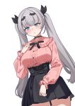  1girl :o aningay black_ribbon black_skirt blue_eyes blush breasts collared_shirt commentary_request dress_shirt dutch_angle frilled_shirt_collar frilled_skirt frills grey_hair hair_ribbon hand_up highres indie_virtual_youtuber korean_commentary large_breasts long_hair long_sleeves looking_at_viewer parted_lips pink_shirt pleated_skirt puffy_long_sleeves puffy_sleeves ribbon shirt simple_background skirt sleeves_past_wrists solo stelle_scarlett_fall-laune thick_eyebrows twintails very_long_hair virtual_youtuber white_background 