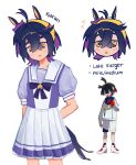  1boy antenna_hair black_hair blush bow bright_pupils commentary crossdressing crossdressing_(mtf) crossed_bangs eekoqi english_commentary english_text hair_between_eyes hairband highres horse_boy horse_tail kieran_(pokemon) male_focus multicolored_hair multiple_views parted_lips pokemon pokemon_sv puffy_short_sleeves puffy_sleeves purple_bow purple_hair purple_sailor_collar purple_serafuku purple_skirt reference_inset sailor_collar school_uniform serafuku short_sleeves skirt summer_uniform tail tracen_school_uniform triangle_mouth umamusume white_pupils yellow_eyes yellow_hairband 