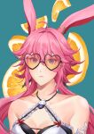  1girl absurdres animal_ears bare_shoulders breasts commentary english_commentary food fox_ears fox_girl fruit heart heart-shaped_eyewear highres honkai_(series) honkai_impact_3rd kokotuo long_hair medium_breasts official_alternate_costume orange_(fruit) orange_slice pink_hair purple_eyes solo swimsuit upper_body very_long_hair yae_sakura yae_sakura_(goushinnso_memento) yae_sakura_(sakura_summer) 