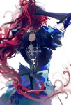  1399321458 1girl absurdres back_bow blue_dress bow brynhildr_vilulf brynhildr_vilulf_(the_anachronic_vilulf) chinese_commentary commentary_request dress elbow_gloves floating_hair from_behind gloves highres identity_v lofter_username long_hair puffy_sleeves red_hair solo tying_hair very_long_hair 