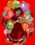  1girl absurdres balloon black_hair box chinese_commentary closed_eyes closed_mouth command_spell commentary_request dress facing_viewer fate/strange_fake fate_(series) feet_out_of_frame gift gift_box heart_balloon highres holding holding_box kuruoka_tsubaki mimulishizi puffy_short_sleeves puffy_sleeves red_background red_dress short_hair short_sleeves solo too_many_balloons 