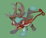  animal_costume antlers bell cape commentary_request fake_nose full_body fur-trimmed_cape fur_trim green_background hinekure horns looking_ahead neck_bell no_humans pokemon pokemon_(creature) red_cape red_eyes reindeer_costume riolu simple_background solo 