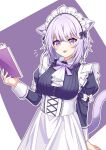  1girl ahoge animal_ear_fluff animal_ears apron ascot book bow breasts buttons cat_ears cat_girl cat_tail commentary_request corset diamond-shaped_pupils diamond_(shape) fingernails frilled_apron frilled_hairband frills hair_between_eyes hairband highres holding holding_book hololive long_sleeves maid maid_apron maid_headdress medium_breasts nekomata_okayu puffy_long_sleeves puffy_sleeves purple_eyes purple_hair purple_tail short_hair solo symbol-shaped_pupils tail torinokawori virtual_youtuber white_ascot white_bow white_corset 