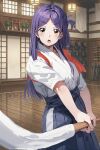  1girl black_hakama commentary_request cowboy_shot hakama high_school_fleet highres holding holding_polearm holding_weapon indoors japanese_clothes kimono long_hair marikouji_kaede naginata one_side_up open_mouth polearm purple_hair solo standing tamura_ten tasuki weapon white_kimono wooden_floor yellow_eyes 