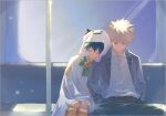  2boys absurdres bakugou_katsuki belt blazer blonde_hair boku_no_hero_academia brown_belt closed_eyes closed_mouth collared_shirt commentary_request dtd_mha ghost_costume green_hair grey_pants hands_in_pockets head_on_another's_shoulder highres hood hood_up jacket looking_at_another male_focus manspreading midoriya_izuku multiple_boys open_clothes open_jacket pants red_eyes shirt short_hair sitting sleeping sleeping_on_person spiked_hair train_interior white_shirt yaoi 