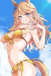  1girl absurdres alternate_costume animal_ears bikini blonde_hair blue_eyes blue_nails blue_sky blurry blush bokeh bow breasts cleavage cloud commentary_request cowboy_shot day depth_of_field ear_bow fingernails four-finger_heart_hands front-tie_bikini_top front-tie_top gold_bikini gold_city_(umamusume) heart heart_hands highres horse_ears horse_girl horse_tail long_hair looking_at_viewer medium_breasts nail_polish navel nitamako_(sakamalh) outdoors revision side-tie_bikini_bottom skindentation sky smile solo sparkle star_(sky) stomach string_bikini sunlight swimsuit tail thighs umamusume yellow_tail 