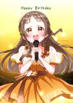  1girl absurdres blush bow bracelet braid bright_pupils brown_bow brown_dress brown_eyes brown_hair choppy_bangs commentary_request cowboy_shot dress erinko604 forehead gakuen_idolmaster gradient_background hair_ornament hands_up happy_birthday highres holding holding_microphone idolmaster jewelry kuramoto_china long_hair microphone music musical_note musical_note_background musical_note_hair_ornament musical_note_print open_mouth pearl_bracelet print_dress raised_eyebrows short_sleeves shrug_(clothing) side_braid singing solo square_neckline standing sweat warm_colored white_pupils white_shrug yellow_background 