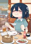  1girl =_= bamboo_steamer black_hair blunt_ends blurry blush bob_cut bottle center-flap_bangs chair chewing chinese_spoon chopsticks clenched_hand closed_eyes closed_mouth commentary_request cup depth_of_field double-parted_bangs drink drinking_glass dumpling eating empty_plate food hands_up happy holding holding_spoon indoors mamezara meal napkin no_nose on_chair original plate puffy_short_sleeves puffy_sleeves restaurant romaji_text short_hair short_sleeves sliding_doors smile solo soy_sauce sparkle speech_bubble spoon steam table wavy_mouth wing_collar wooden_chair wooden_table xiaolongbao yomoi_nui 
