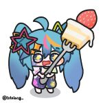  +_+ 1girl ahoge blue_eyes blue_hair blue_overalls cake cake_slice chibi chibi_only drooling food fork fruit full_body hair_ornament hatsune_miku highres holding holding_fork long_hair lulalang mouth_drool open_mouth overalls paint_on_clothes shirt simple_background solo star_(symbol) star_hair_ornament strawberry twintails twitter_username vocaloid white_background white_shirt 