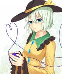  aqua_eyes bad_id bad_pixiv_id black_hat blush breasts closed_mouth collarbone commentary_request damao_yu eyeball frilled_shirt_collar frilled_sleeves frills from_side green_hair hair_between_eyes hat hat_ribbon heart heart_of_string highres komeiji_koishi long_sleeves looking_at_viewer looking_to_the_side medium_breasts ribbon short_hair solo third_eye touhou upper_body wide_sleeves yellow_ribbon 