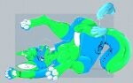 balls blue_body blue_eyes blush bodily_fluids butt canid canine canis cinnamonn_kitty cum dingo disembodied_penis dui genital_fluids genitals green_body hi_res jayjay_idingo male male/male mammal pawpads penis precum solo spread_legs spreading tongue tongue_out