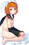  arm_warmers bangs barefoot blush breasts brown_eyes commentary_request cum facial feet full_body hair_ornament hair_ribbon hairclip hands_together kagamine_rin looking_at_viewer masao medium_breasts nipples nude orange_hair ribbon sailor_collar short_hair simple_background small_breasts smile solo sweat tattoo used_tissue vocaloid 