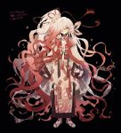  1boy black_background black_gloves coat commentary detached_collar full_body fur-trimmed_coat fur_trim gloves gradient_hair grey_kimono grey_shoes hibi89 hisuian_zoroark humanization japanese_clothes kimono looking_at_viewer multicolored_hair ofuda pokemon red_hair red_ribbon red_sash ribbon sash shoes simple_background solo standing untranslatable_commentary white_hair yellow_eyes 