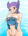  1girl blush breasts choker cleavage gym_leader helmet large_breasts nagi_(pokemon) nude pokemon pokemon_(game) pokemon_oras pokemon_rse ponytail purple_eyes purple_hair smile solo 