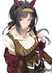  1girl ahoge animal_ears black_hair commentary_request ear_covers hairband highres horse_ears horse_girl horse_tail jacket jewelry kagari_liroi logotype_(umamusume) long_hair looking_at_viewer necklace red_jacket simple_background solo tail umamusume white_background yellow_eyes yellow_hairband 