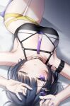  1girl arm_belt armpits arms_up bare_shoulders black_choker black_hair black_shirt breasts choker cleavage closed_mouth commentary_request crop_top hair_ornament hairclip halterneck highres knees_up koshimizu_toru koshimizu_toru_(1st_costume) large_breasts looking_at_viewer lying micro_shorts midriff mole mole_under_eye nail_polish navel neit_ni_sei nijisanji on_back one_eye_closed purple_eyes purple_nails purple_socks shirt short_hair shorts sleeveless sleeveless_shirt socks solo stomach thighs upside-down virtual_youtuber yellow_shorts 