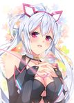  ahoge breasts cleavage innocent_cluster interlocked_fingers light_blue_hair long_hair looking_at_viewer matoi_(pso2) medium_breasts milkpanda phantasy_star phantasy_star_online_2 pink_eyes solo twintails upper_body 